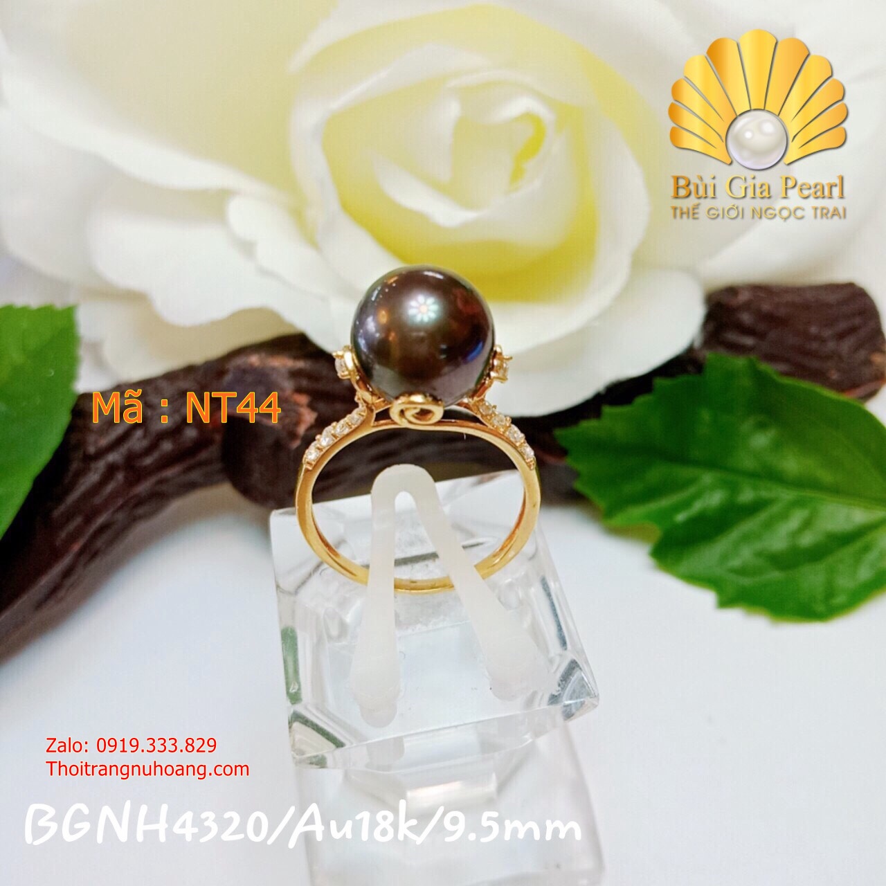 Nhẫn ngọc trai vàng 18k xanh đen ánh rêu cao cấp NT44